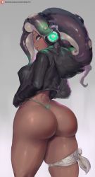 1girl aqua_eyes ass back bikini bikini_bottom_only breasts butt_crack cutesexyrobutts dark-skinned_female dark_skin female_focus headphones highres jacket large_breasts long_hair looking_at_viewer looking_back makeup marina_(splatoon) mole mole_under_mouth multicolored_hair nintendo octoling shiny_skin solo splatoon_(series) splatoon_2 suction_cups swimsuit tentacle_hair thick_thighs thighs thong two-tone_hair rating:Questionable score:196 user:Vardigiil