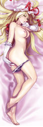  1girl absurdres ass barefoot bed_sheet blonde_hair breasts dakimakura_(medium) elbow_gloves face feet female_focus full_body geister gloves hat highres large_breasts lips long_hair long_image looking_at_viewer lying nipples nude on_side panties panty_pull solo tall_image touhou underwear white_gloves yakumo_yukari yellow_eyes  rating:Questionable score:192 user:Deusexcalamus