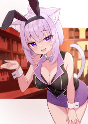  1girl ahoge animal_ear_fluff animal_ears bent_over black_bow blush bow braid breasts bunny_garden cat_ears cat_girl cat_tail cleavage commentary_request cup drinking_glass earrings fake_animal_ears hair_between_eyes hair_bow highres hololive jewelry large_breasts long_hair looking_at_viewer looking_back nekomata_okayu open_mouth parijennu222 purple_eyes purple_skirt rabbit_ears sidelocks skirt smile solo tail virtual_youtuber wrist_cuffs 