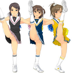 3girls blush brown_eyes brown_hair cheerleader cleft_of_venus female_pubic_hair gluteal_fold gossa-tei hair_bobbles hair_ornament high_kick kicking kneehighs loli looking_at_viewer multiple_girls no_panties open_mouth ponytail pubic_hair pussy shoes short_ponytail smile sneakers socks sparse_pubic_hair teeth twintails two_side_up uncensored upper_teeth_only upskirt rating:Explicit score:311 user:huzzaman
