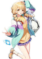  1girl bare_legs blonde_hair blue_skirt blush braid commentary fang fujita_kotone gakuen_idolmaster highres idolmaster jacket long_hair looking_at_viewer miniskirt multicolored_clothes multicolored_jacket plaid plaid_skirt pleated_skirt ririko_(zhuoyandesailaer) shirt simple_background skin_fang skirt smile solo standing standing_on_one_leg thumbs_up_emoji twin_braids w white_background yellow_eyes yellow_shirt 