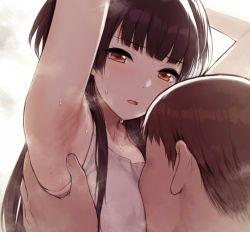 1boy 1girl absurdres armpits blush breasts breath brown_eyes brown_hair face_to_breasts fingernails hand_on_torso hands_up hetero highres idolmaster idolmaster_shiny_colors mayuzumi_fuyuko parted_lips small_breasts smelling sunaba_suzume sweat tank_top two_side_up white_background white_tank_top rating:Questionable score:165 user:danbooru