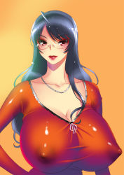  1girl blue_hair blush breasts cleavage collarbone covered_erect_nipples female_focus glasses huge_breasts jewelry lips lipstick long_hair makeup mature_female necklace red_eyes shiny_clothes simple_background solo takahashi_record  rating:Questionable score:68 user:joeyjoe
