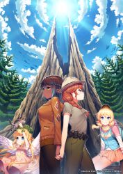  4girls angel_wings animal animal_on_head back-to-back backpack bag belt black_belt black_pants blonde_hair blue_bag blue_eyes blue_hair blue_sky blue_vest bowler_hat braid brown_hair brown_shorts character_request cloud commentary copyright_notice cowboy_shot dark-skinned_female dark_skin dress english_commentary feathered_wings forest fringe_trim gradient_hair green_eyes green_pants hair_over_shoulder hat high_ponytail holding holding_animal holding_hands hood hood_down hooded_jacket jacket lace lace-trimmed_dress lace_trim leaf leaf_on_head long_sleeves medium_hair miniskirt mountain multicolored_hair multiple_girls national_park_girls nature official_art on_head orange_jacket orange_shirt orange_skirt pants parted_lips pine_tree pink_dress pink_sweater pleated_dress pleated_skirt pocket pointy_ears red_hair satchely shirt short_sleeves shorts side_braid single_braid skirt sky sun sweater tree two-tone_sweater vest walkie-talkie white_hat white_sleeves white_sweater white_wings wings 