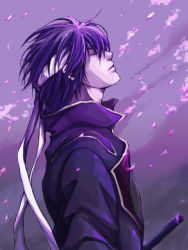  1boy akagi_soushi closed_eyes gintama headband joui male_focus petals purple_hair purple_theme solo takasugi_shinsuke 