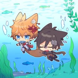  2boys :3 ahoge air_bubble animal_ear_fluff animal_ears black_footwear black_gloves black_pants blue_eyes blush blush_stickers boots brown_hair brown_jacket bubble cape cat_boy cat_ears cat_tail caustics chibi closed_eyes closed_mouth commentary_request earrings fish fish_in_mouth fox_boy fox_ears fox_tail genshin_impact gloves grey_jacket grey_pants hair_between_eyes holding_another&#039;s_tail jacket jewelry kelp koma_(km_mmmk) long_hair long_sleeves low_ponytail male_focus mask mask_on_head mouth_hold multiple_boys nervous open_mouth orange_hair pants ponytail red_cape red_mask seaweed short_hair single_earring smile sweat swimming tail tartaglia_(genshin_impact) trembling turn_pale underwater water zhongli_(genshin_impact) 