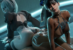  1boy 2b_(nier:automata) 2girls 3d absurdres ass back_cutout black_hair blindfold bodysuit breasts buttjob clothing_cutout cooperative_buttjob crossover eve_(stellar_blade) feather-trimmed_sleeves gretdb highres large_breasts leotard looking_at_viewer multiple_girls nier:automata nier_(series) penis ponytail puffy_sleeves short_hair skin_suit_(stellar_blade) smile stellar_blade thighhighs two-tone_bodysuit 