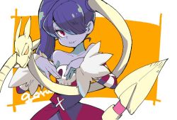 1girl bare_shoulders blue_skin breasts cleavage colored_skin detached_collar detached_sleeves dress female_focus hair_over_one_eye leviathan_(skullgirls) monster_girl red_eyes side_ponytail skullgirls squigly_(skullgirls) stitched_mouth stitches striped striped_sleeves zombie rating:Sensitive score:9 user:twilight_jester