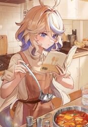  1girl absurdres ahoge alternate_costume apron beaker blue_eyes blue_hair blush book brown_apron cooking cup dasha furina_(genshin_impact) genshin_impact heterochromia high_collar highres holding holding_book indoors kitchen light_blue_hair long_hair looking_at_object mismatched_pupils short_sleeves solo upper_body very_long_hair 