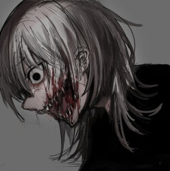  1girl black_shirt blood blood_in_mouth blood_on_face chuhaibane commentary crazy_eyes english_commentary from_side grey_background grey_hair guro highres horror_(theme) long_hair looking_down mutilation open_mouth original profile sharp_teeth shirt sketch solo teeth upper_body wide-eyed 