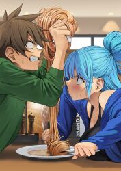  1boy 1girl alternate_hairstyle aqua_(konosuba) black_tank_top blue_eyes blue_hair blue_jacket blush breast_rest breasts brown_hair castle_of_cagliostro cleavage collarbone commentary_request eye_contact food from_side green_eyes hair_bun highres indoors izawa_(bhive003) jacket kono_subarashii_sekai_ni_shukufuku_wo! large_breasts long_hair long_sleeves looking_at_another lupin_iii open_clothes open_jacket pasta plate profile satou_kazuma single_hair_bun spaghetti spiked_hair sweat tank_top upper_body 