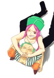  1boy 1girl black_pants covering_own_mouth green_hair hat jewelry_bonney lipstick makeup one_piece open_clothes open_shirt pants patterned_legwear piercing pink_hair pirate roronoa_zoro sabaody_archipelago scar shirt show-nosuke striped_clothes striped_shirt teeth thighhighs wrestling  rating:Sensitive score:9 user:likeiknow