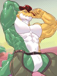  1boy abs absurdres arm_behind_head armpits arms_up bara blank_eyes brown_hat chaps claws commentary cowboy_hat crocodile_boy crocodilian_tail english_commentary furry furry_male gummigoo hat highres istani looking_at_viewer male_focus muscular muscular_male no_pupils pectorals tail the_amazing_digital_circus 