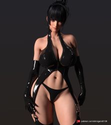  3d absurdres alternate_breast_size black_hair breasts cleavage stomach gloves hair_bun highres large_breasts latex latex_gloves latex_legwear looking_at_viewer mole mole_under_mouth nyotengu purple_eyes shinigami0139 single_hair_bun smirk thick_thighs thighs  rating:Explicit score:27 user:Mixed_Bread