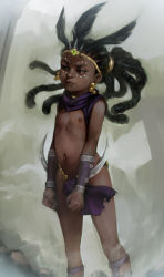 1girl alternate_hair_length alternate_hairstyle arm_blade battle_tendency belly black_hair blade braid brown_eyes circlet clenched_hands closed_mouth cosplay dark-skinned_female dark_skin dreadlocks earrings efi_oladele eyebrows eyelashes facepaint facing_viewer feather_hair_ornament feet_out_of_frame female_focus flat_chest hair_ornament highres jcm2 jewelry jojo_no_kimyou_na_bouken kars_(jojo) legs_apart lips loli long_hair looking_to_the_side navel neck_ring nipples nose overwatch overwatch_1 pelvic_curtain shrug_(clothing) solo standing stomach thighs tiara topless very_dark_skin weapon rating:Questionable score:257 user:animeboy12