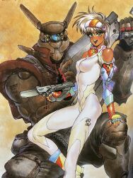  1980s_(style) appleseed bare_shoulders bodysuit boots briareos_hecatonchires brown_hair bullpup cyborg deunan_knute fingerless_gloves gloves green_eyes gun handgun highres impossible_bodysuit impossible_clothes intron_depot oldschool pistol retro_artstyle rifle robot_ears seburo_c-x seburo_compact-exploder shirou_masamune short_hair size_difference skin_tight submachine_gun suppressor visor_lift weapon white_bodysuit  rating:General score:14 user:3rNM6CMa