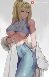  1girl araneesama artist_name bare_shoulders blonde_hair blue_eyes breasts breasts_apart collarbone covered_erect_nipples crop_top female_focus fur-trimmed_jacket fur_trim hair_between_eyes high-waist_pants high_ponytail highres jacket jacket_partially_removed leggings lips long_hair looking_to_the_side metroid nintendo pants parted_bangs parted_lips patreon_username ponytail samus_aran shade shirt sidelocks simple_background skindentation sleeveless sleeveless_shirt solo sports_bra sportswear swept_bangs taut_clothes taut_shirt thighs toned underboob undressing wristband  rating:Sensitive score:244 user:POLTATO