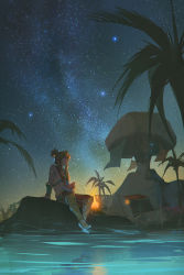 1boy alzi_xiaomi blonde_hair blue_eyes campfire desert_voe_set_(zelda) earrings fire food food_in_mouth fruit hair_between_eyes high_ponytail highres holding holding_food holding_fruit hoop_earrings jewelry ladder link male_focus night nintendo outdoors palm_tree pointy_ears ponytail scenery signature sitting sky solo star_(sky) starry_sky the_legend_of_zelda the_legend_of_zelda:_breath_of_the_wild tree water watermelon rating:Sensitive score:8 user:danbooru