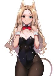  1girl :&gt; adjusting_bowtie alternate_costume animal_ears archetto_(arknights) arknights black_leotard black_pantyhose blonde_hair blue_eyes bow bowtie breasts_squeezed_together breasts cleavage collar cowboy_shot detached_collar groin heterochromia leotard lion_ears lion_tail looking_at_viewer medium_breasts pantyhose playboy_bunny red_bow red_bowtie red_eyes simple_background solo tail thighs white_background white_collar yuzuruka_(bougainvillea) 