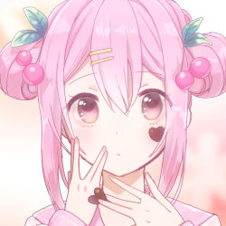 1girl bad_id bad_pixiv_id blurry blurry_background cherry_hair_ornament closed_mouth eyes_visible_through_hair food-themed_hair_ornament gradient_eyes hair_between_eyes hair_ornament hair_rings hairclip heart heart_tattoo holding holding_heart long_sleeves looking_at_viewer multicolored_eyes nail_polish original pink_eyes pink_hair pink_nails pink_sailor_collar pink_shirt pink_theme sailor_collar shirt sidelocks solo tattoo twintails upper_body v yuhai rating:Sensitive score:2 user:danbooru