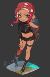 1girl absurdres agent_8_(splatoon) asymmetrical_sleeves bad_id bad_pixiv_id boots breasts dark-skinned_female dark_skin dated full_body highres leaning_forward looking_at_viewer medium_breasts midriff navel nintendo octoling octoling_girl octoling_player_character open_mouth pencil_skirt pointy_ears red_hair skirt solo splatoon_(series) splatoon_2 splatoon_2:_octo_expansion tentacle_hair thigh_strap uneven_sleeves yu-ri_(arium047)  rating:Sensitive score:17 user:danbooru