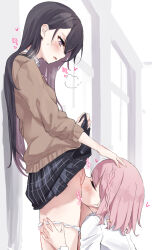 2girls black_hair blush braid breasts cardigan closed_eyes clothes_lift cunnilingus hand_on_another&#039;s_thigh highres lifting_own_clothes long_hair medium_breasts multiple_girls necktie oral original paid_reward_available panties panty_pull pink_hair pleated_skirt purple_eyes pussy_juice school_uniform short_hair skirt skirt_lift sweat toshizou_(0714) underwear white_panties yuri rating:Explicit score:265 user:danbooru