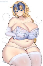  1girl alternate_body_size alternate_breast_size artist_name blonde_hair blue_eyes blush bra breasts collarbone commentary_request elbow_gloves fate_(series) gloves head_tilt highres huge_breasts jeanne_d&#039;arc_(fate) long_hair looking_at_viewer navel noiretox panties parted_lips plump puff_of_air seiza simple_background sitting solo sweat thick_thighs thighhighs thighs underwear white_background white_bra white_panties white_thighhighs 