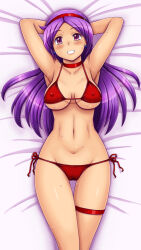  1girl armpits arms_behind_head asamiya_athena bed bedroom bikini breasts cameltoe cleavage highres large_breasts legs long_hair looking_at_viewer lying navel purple_hair red_bikini smile snk solo sweat swimsuit the_king_of_fighters thick_thighs thighs toned tsumitani_daisuke  rating:Sensitive score:9 user:spk