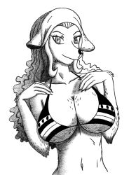  1girl animal_ears breasts cleavage curly_hair curvy dog_ears dog_girl hado_abyss highres large_breasts long_hair mink_tribe monochrome one_piece smile wanda_(one_piece)  rating:Sensitive score:7 user:Anonycool5