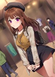  1girl :t ahoge backpack bag bare_legs beret black_bag black_hat black_skirt blush breasts brown_hair brown_sweater casual chain_necklace dutch_angle feet_out_of_frame fingernails grey_jacket hat highres idolmaster idolmaster_million_live! interlocked_fingers jacket jewelry kamille_(vcx68) lens_flare looking_at_viewer medium_breasts necklace own_hands_together people pink_eyes plaid plaid_jacket shop sidelocks skirt solo_focus sweater yokoyama_nao 
