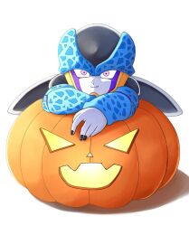  1boy cell_junior commentary dragon_ball dragonball_z fang jack-o&#039;-lantern male_focus pink_eyes simple_background smile solo takumi1230g white_background 