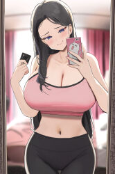 1girl bare_shoulders bedroom black_hair black_pants blue_eyes breasts cellphone cleavage commentary_request commission condom condom_wrapper crop_top highres holding holding_phone indoors korean_commentary large_breasts long_hair mirror navel original pants phone reflection selfie smartphone smile solo stomach twin_(tt_lsh) yoga_pants rating:Sensitive score:36 user:danbooru