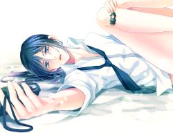  10s 1boy bare_legs blue_eyes blue_hair collared_shirt k-project charm_(object) long_hair lying male_focus matching_hair/eyes miwa_ichigen necktie no_pants partially_undressed ponytail shirt solo yatogami_kurou  rating:Questionable score:9 user:GemiRemedy