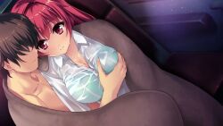  1boy 1girl bekotarou blanket blush breasts cleavage game_cg grabbing grabbing_another&#039;s_breast hetero highres houkiboshi_hikari large_breasts looking_at_another miagete_goran_yozora_no_hoshi_o ponytail red_eyes red_hair shirt smile wet wet_clothes wet_shirt  rating:Questionable score:14 user:mightyhans