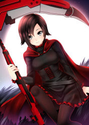  1girl fur go-it looking_at_viewer ruby_rose rwby scythe short_hair sitting smile solo weapon  rating:Sensitive score:36 user:csrss