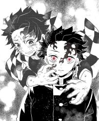  2boys checkered_clothes crying dark_persona demon_boy demon_slayer_uniform dual_persona earrings fading fangs fangs_out floating hair_slicked_back hanafuda_earrings haori imminent_hug japanese_clothes jewelry kamado_tanjirou kimetsu_no_yaiba long_sleeves looking_at_another looking_at_viewer male_focus monochrome multiple_boys outstretched_arms red_eyes scar scar_on_face scar_on_forehead short_hair slit_pupils spoilers spot_color tuduri upper_body veins veiny_hands  rating:Sensitive score:1 user:danbooru