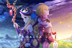  1girl absurdres alternate_costume alternate_eye_color alternate_weapon armor back-to-back bare_shoulders blonde_hair blue_eyes blush copyright_name corrupted corruption crown crystal dark_persona dawn day day_and_night dragalia_lost euden evil_smile gloves glowing grass hair_ribbon hand_on_own_hip highres holding holding_staff holding_sword holding_weapon horns long_hair long_sleeves looking_back looking_up morsayati mountain night night_sky possessed possession red_eyes ribbon river short_hair sky smile snow staff standing star_(sky) starry_sky sword weapon xereane zethia 