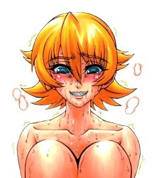 00s 1girl blonde_hair blue_eyes blush breasts clenched_teeth collarbone female_focus grin hair_between_eyes highres igawa_sakura large_breasts looking_at_viewer nude saliva short_hair simple_background smile solo sweat taimanin_(series) taimanin_asagi teeth topless_frame trembling upper_body white_background wrato rating:Questionable score:51 user:spiderfan
