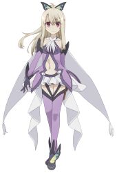 1girl black_gloves butterfly_hair_ornament cape cosplay detached_sleeves fate/kaleid_liner_prisma_illya fate_(series) floating_hair full_body gloves hair_ornament high_ponytail highres holster illyasviel_von_einzbern long_hair looking_at_viewer magical_girl microskirt midriff miyu_edelfelt miyu_edelfelt_(cosplay) navel panties prisma_illya_(sapphire_version) purple_panties purple_thighhighs red_eyes silver_hair skirt solo standing stomach thigh_holster thighhighs transparent_background underwear white_skirt rating:Sensitive score:9 user:danbooru