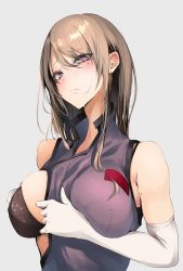  1girl adapted_costume akiyama_cz4a armpit_crease black_bra blonde_hair blush bra bra_strap breasts closed_mouth clothes_pull commentary_request dress dress_pull ear_blush elbow_gloves floral_print furrowed_brow gloves grey_background highres large_breasts long_hair looking_at_viewer mole mole_on_arm mole_under_eye no_headwear purple_dress purple_eyes simple_background sleeveless sleeveless_dress slit_pupils solo swept_bangs touhou tsurime underwear white_gloves yakumo_yukari 