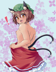  1girl animal_ear_fluff animal_ear_piercing animal_ears breasts brown_eyes brown_hair cat_ears chen commentary_request earrings frills from_behind hair_between_eyes hat highres hits_(hitstts) jewelry light_blush looking_back mob_cap nekomata nipples open_mouth petticoat short_hair simple_background single_earring small_breasts solo sweat teeth topless touhou upper_teeth_only white_background  rating:Questionable score:9 user:danbooru