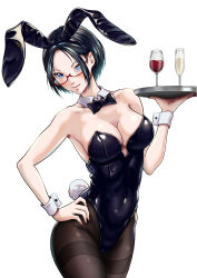  1girl absurdres animal_ears black_bow black_bowtie black_hair black_leotard black_pantyhose blue_eyes bow bowtie breasts champagne_flute cleavage cup detached_collar drinking_glass highres leotard looking_at_viewer medium_breasts nito_(mrrx5772) original pantyhose playboy_bunny rabbit_ears rabbit_tail short_hair simple_background solo strapless strapless_leotard tail thighband_pantyhose tray white_background wine_glass wrist_cuffs 