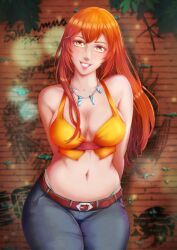  1girl absurdres arms_behind_back bare_shoulders belt blurry blurry_background breasts brick_wall brown_belt cleavage cowboy_shot crop_top denim grin hair_between_eyes highres jewelry joy_(shenmue) large_breasts leaf lens_flare logo long_hair looking_at_viewer midriff moss navel necklace orange_eyes orange_hair panty_straps red_draws5 red_sash sash sega shenmue shenmue_ii sidelocks signature smile solo sonic_the_hedgehog teeth thick_thighs thighs thong whale_tail_(clothing) 