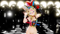  1girl 3d animal_ear_fluff animal_ears belly blonde_hair blush clown_girl clown_hat crying crying_with_eyes_open fennec fennec_ears fennec_fox fennec_tail fox fox_girl hair_ornament highres hololive navel no_panties no_pants omaru_polka out-of-frame_censoring photographer purple_eyes solo_focus standing tail tears u30a2u30c0u30e0u30b9u30dfu30b9 virtual_youtuber  rating:Questionable score:5 user:Sandalo