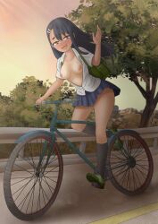  1girl backpack bag bicycle black_hair blue_skirt breasts breasts_out brown_eyes ear_piercing female_focus hair_ornament hairclip hand_up ijiranaide_nagatoro-san kaschmatz long_hair nagatoro_hayase open_clothes open_mouth open_shirt piercing riding riding_bicycle shirt shoes skirt small_breasts smile sneakers sunset sweat sweatdrop tagme thighhighs white_shirt 