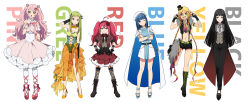  6+girls absurdres arm_behind_head arms_behind_back bangs black_(konkichi) black_hair blonde_hair blue_(konkichi) blue_eyes blue_hair blunt_bangs braid breasts cape character_name cleavage crop_top crossed_arms detached_collar double_bun double_v dress fang flower full_body genderswap genderswap_(mtf) green_(konkichi) green_eyes green_hair hairband hands_on_hips hat highres konkichi_(flowercabbage) lineup long_hair looking_at_viewer magical_girl medium_breasts multicolored_hair multiple_girls one_eye_closed open_mouth original pink_(konkichi) pink_hair red_(konkichi) red_hair rose sailor_hat see-through short_hair simple_background sleeveless sleeveless_dress smile standing standing_on_one_leg streaked_hair suspenders twin_braids twintails v white_background white_legwear yellow_(konkichi) yellow_eyes  rating:Safe score:3 user:danbooru