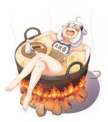 1girl ^_^ absurdres ahoge bare_arms bare_legs barefoot blue_one-piece_swimsuit blush closed_eyes collarbone commentary_request cooking cooking_pot curvy feet fire food food_focus genshin_impact h4mster3433 happy highres korean_commentary legs lying medium_hair on_back one-piece_swimsuit open_mouth paimon_(genshin_impact) relaxing ripples simple_background smile solo soup swimsuit teeth thighs toes white_background white_hair