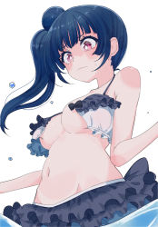  10s 1girl alternate_hairstyle bikini blue_hair blush breasts closed_mouth frills hair_bun long_hair looking_down love_live! love_live!_sunshine!! medium_breasts navel pink_eyes side_ponytail simple_background single_hair_bun solo standing swimsuit tears tsushima_yoshiko vcream_unknow wardrobe_malfunction white_background  rating:Questionable score:16 user:geoffmyname
