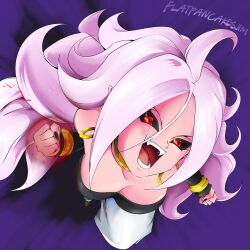  1girl android_21 breasts cleavage colored_skin dragon_ball dragon_ball_fighterz flatpancakesjim flying highres jewelry large_breasts long_hair looking_at_viewer majin_android_21 pink_hair pink_skin pointy_ears punching red_eyes simple_background smile  rating:General score:5 user:Flatpancakesjim