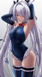  1girl armpits arms_behind_head arms_up blue_archive blue_one-piece_swimsuit blue_thighhighs blush bow bowtie breasts clenched_teeth commentary cosplay covered_navel dark-skinned_female dark_skin dead_or_alive demon_tail detached_sleeves frilled_one-piece_swimsuit frilled_thighhighs frills gradient_background grey_hair groin hair_intakes hair_over_one_eye halo highres iori_(blue_archive) long_hair looking_at_viewer marie_rose marie_rose_(cosplay) marie_rose_(devilish_servant_against_the_splashing_waves) one-piece_swimsuit open_mouth red_bow red_bowtie red_eyes silver_bullet_(ecc12_8) small_breasts solo sweatdrop swimsuit tail teeth thighhighs twintails very_long_hair 